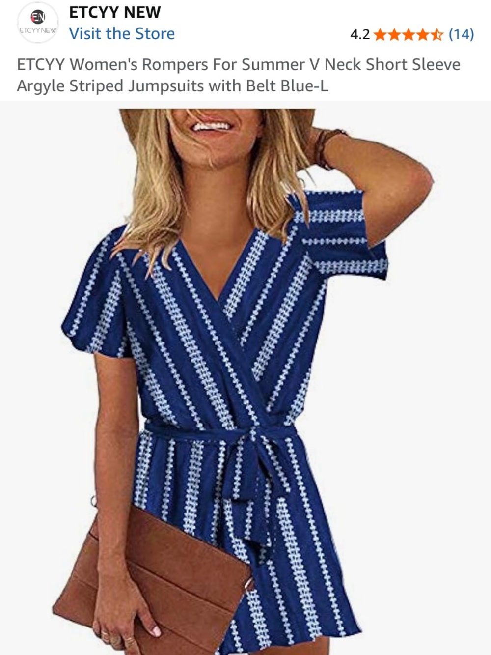 ETCYY Blue V-Neck Short Sleeve Romper with Belt